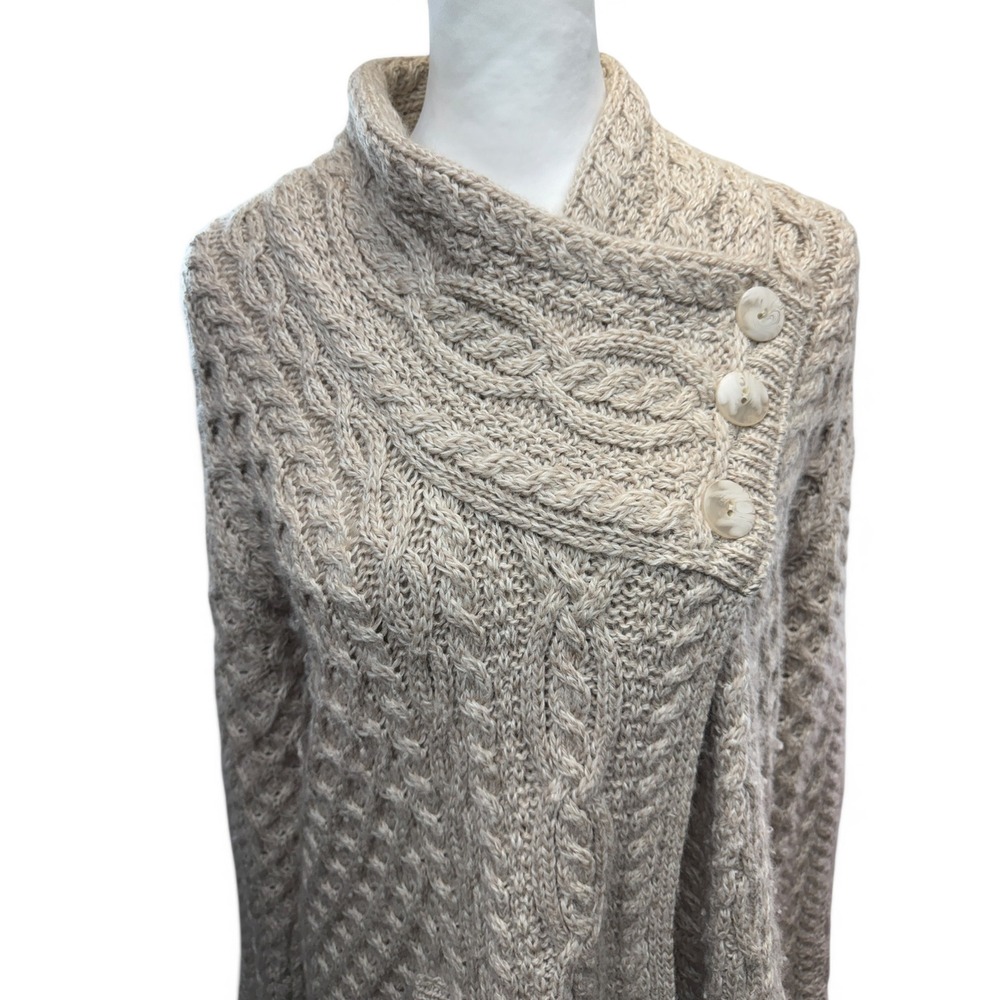 Aran Crafts Ireland 100% Merino Wool Sweater Women M Cable Knit Cardigan Beige - Picture 2 of 8